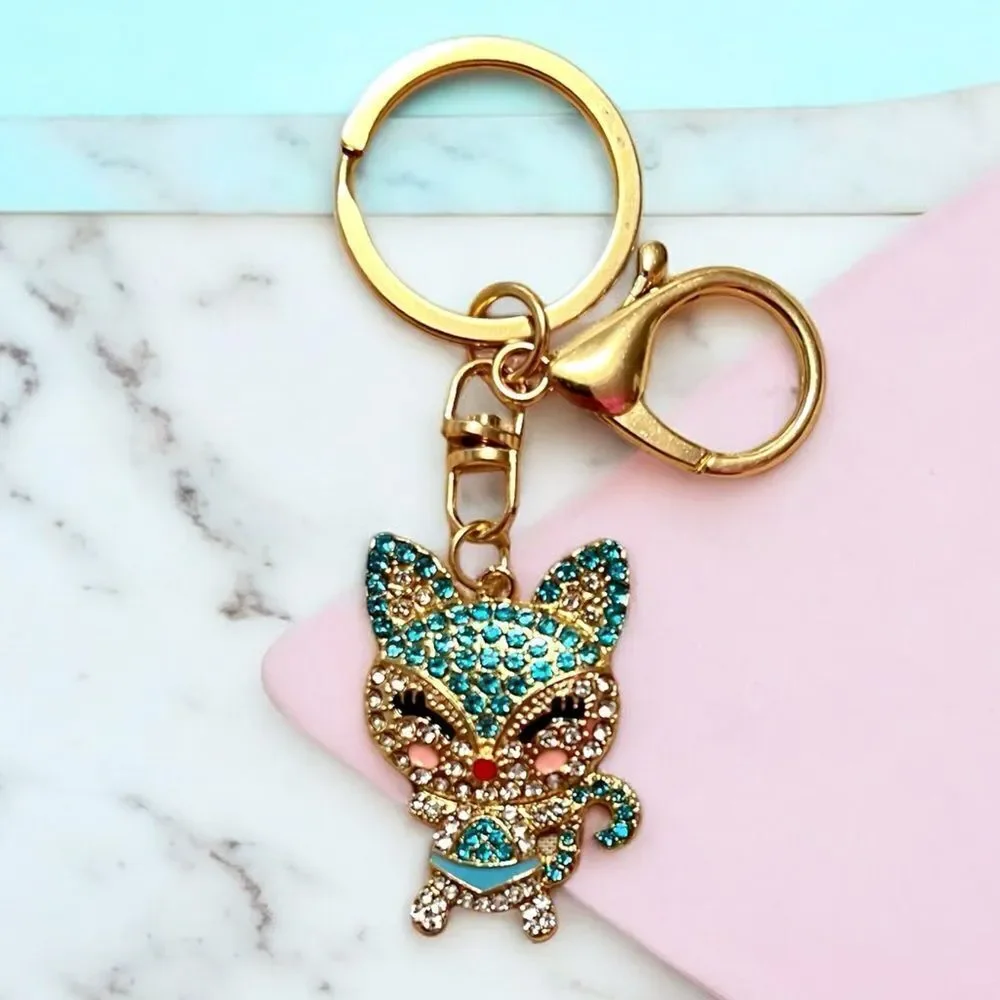 Blue Rhinestone Cat Gold Tone Key Chain Bag Charm NWT
